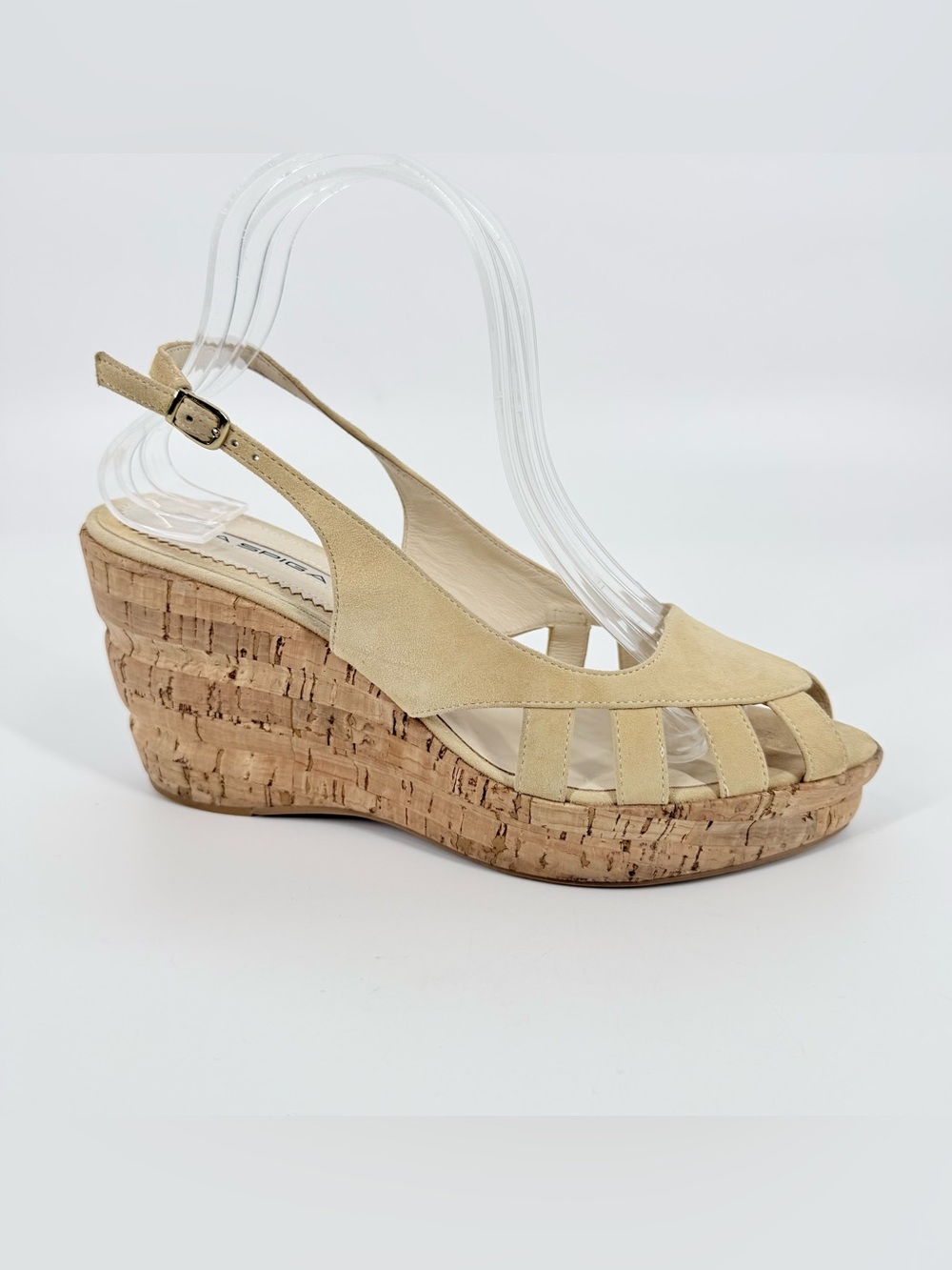 Via Spiga Wedge Sandals Womens Size 10 Beige Suede Leather Cork Sole Slingback